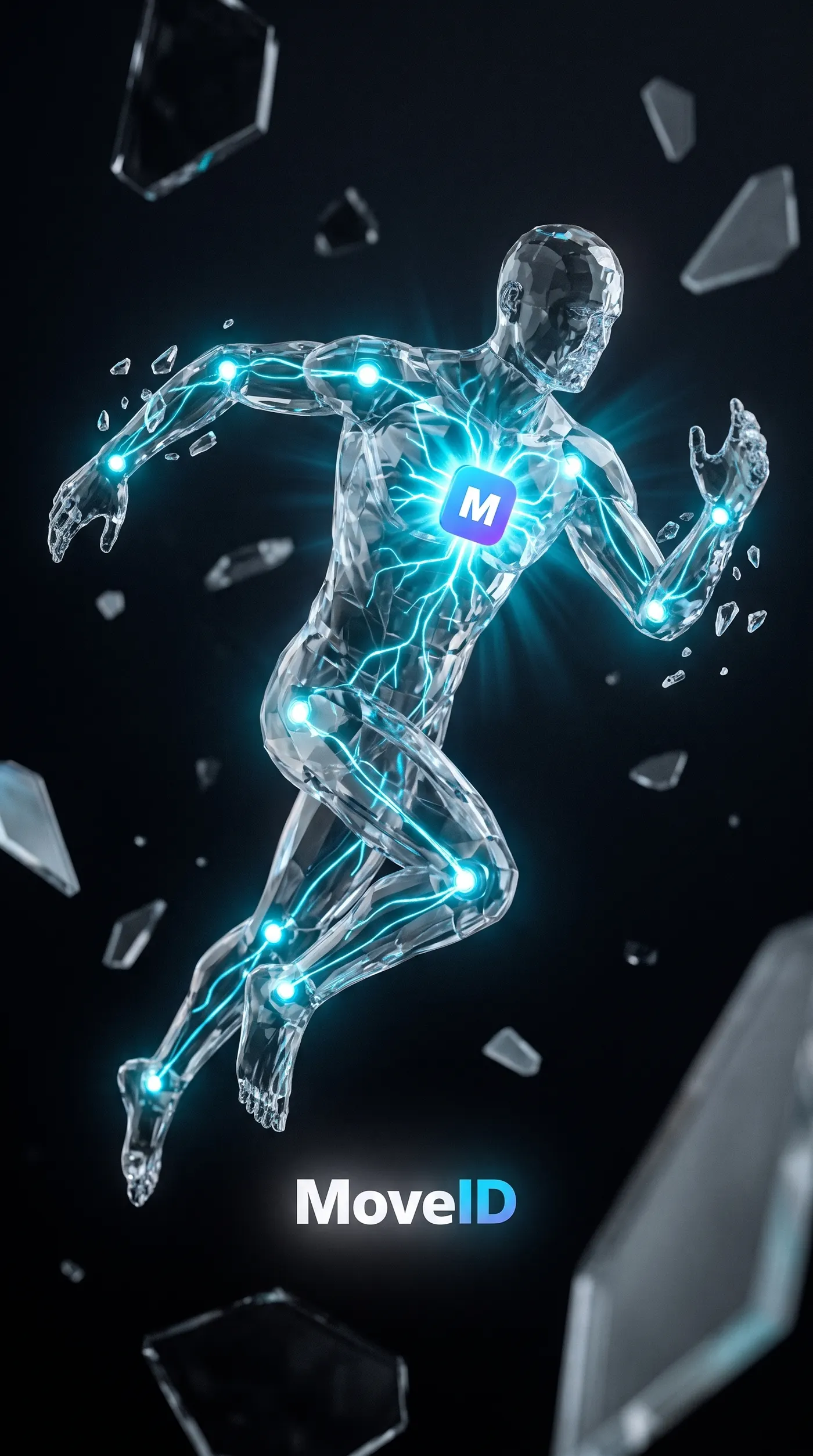Figura humana translúcida em corrida, com articulações e cadeias musculares destacadas em luz azul, e a marca MoveID